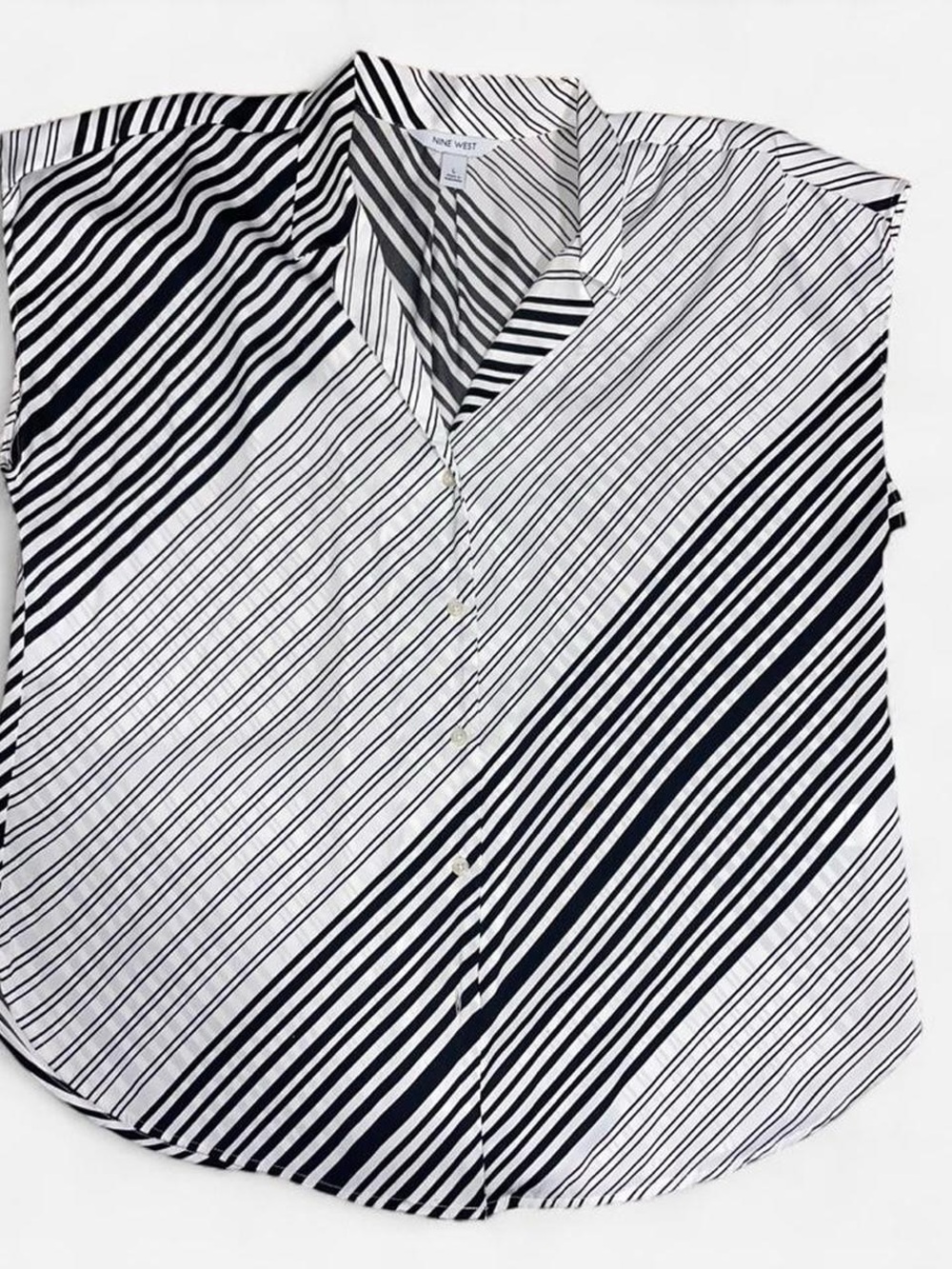 Nine West Navy and White Diagonal Stripe Button-Down Shell